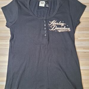 Harley-Davidson Women's XL Black Scoop Neck Bling Short Sleeve Top Made‎ In USA